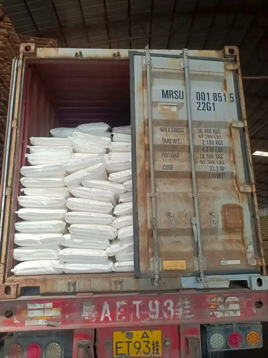 Shipping container half closed with 25 kg plastic resin bags stacked inside, ready for sealing