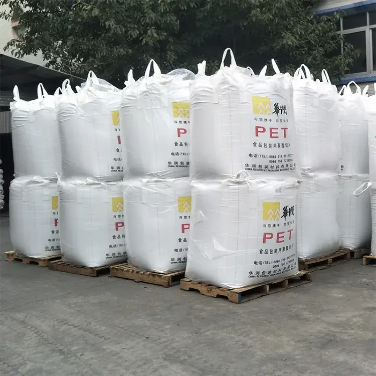 Bottle-grade PET resin chips packed in 1-tonne jumbo bags on pallets
