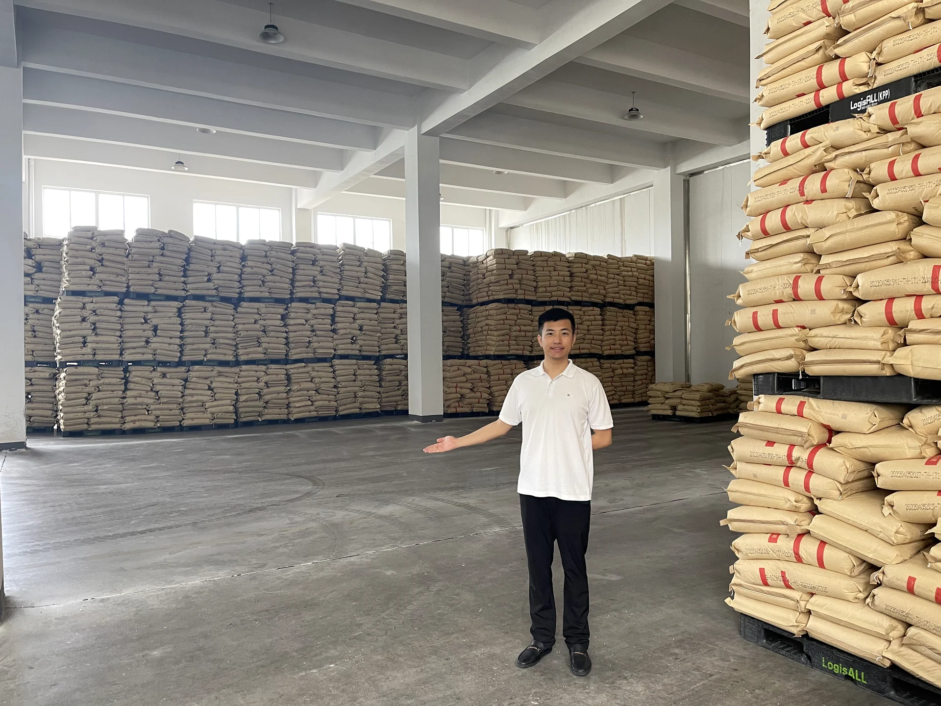 Palletized resin bags in the Fulltrust warehouse